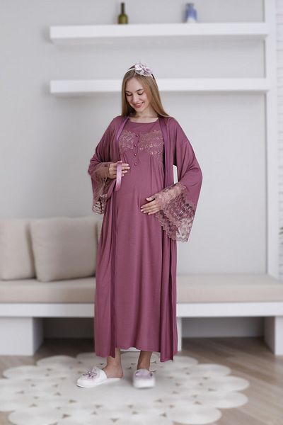 Lohussa Women's Cherry Lace Special Design Cotton Summer Maternity Maternity Dressing Gown Nightgown Set