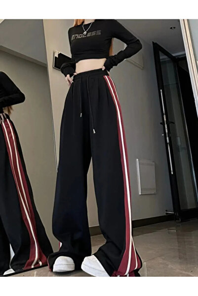 Gofeel Zip Detail Harajuku Black Oversize Çift Şeritli Eşofman Altı
