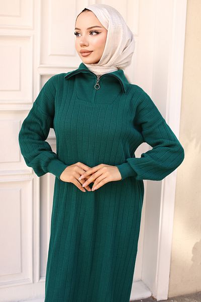 giyze Ribbed Knitwear Dress with Zipper Collar Emerald Green 11032-11