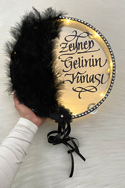 ZEYMERADE Siyah Ledli Şeffaf Gelin Tefi 32cm Tüylü 3d Çiçek Saten Kurdele Düğ...