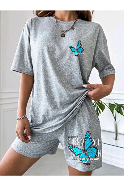 Wish BF Set de tricou și pantaloni scurți Kelebek cu imprimeu supradimensionat