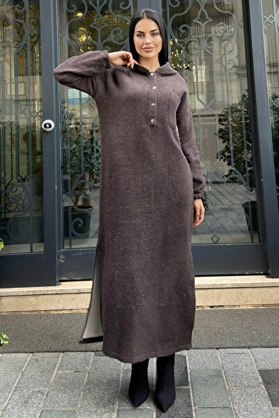 Juuuj Brown Double-Sided Hooded Double Soft Stamp Long Dress with Slit Detail