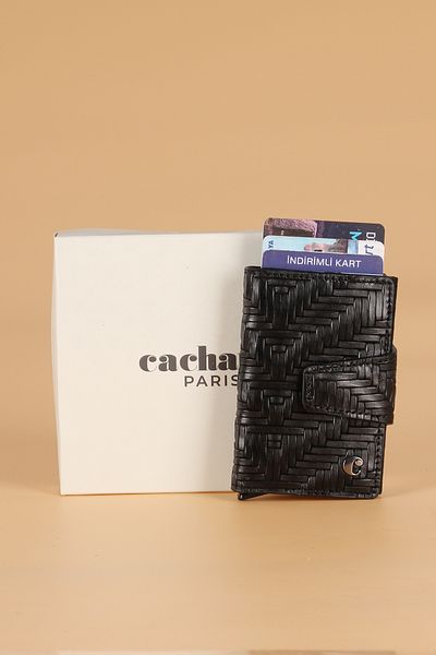 Cacharel 0270 Δερμάτινο Ανδρικό Πορτοφόλι Θήκη Κάρτας με Μηχανισμό Τάφου Μαύρο