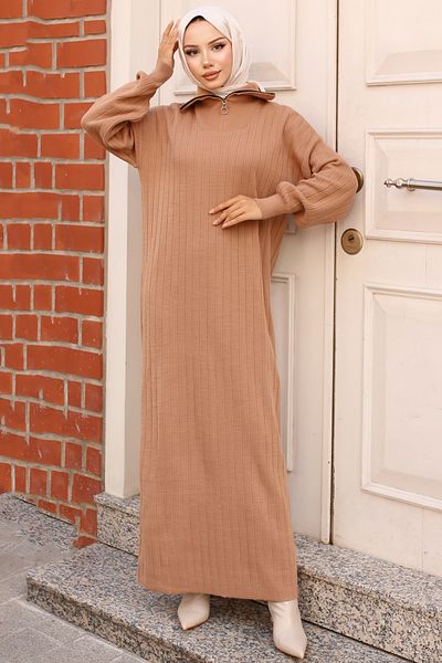 giyze Ribbed Knitwear Dress with Zippered Collar Mink 11032-11