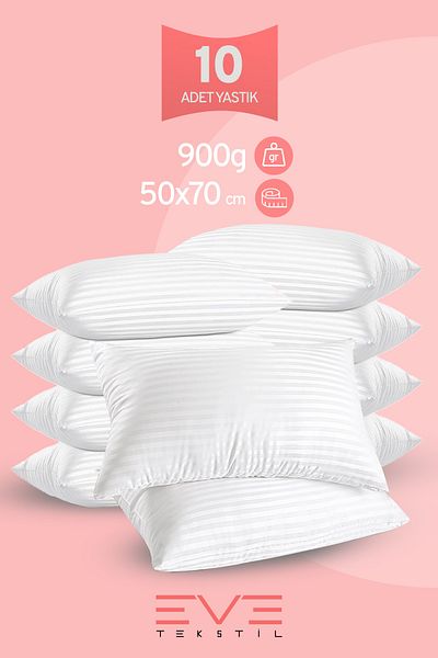 Eve Tekstil 10 Pieces Striped Satin Zippered Antiallergic Washable Silicone Fiber High Filling Pillow 900 Gr