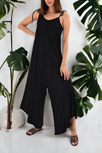 Juuuj Women's Black V-Neck Straps Sleeve Asymmetrical Cut Binding Detailed Oversize Cut Casual Oversize Jumpsuit