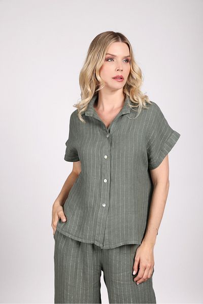 Sempre Women's Comfortable Linen Bottom-Top Set 2633 Green