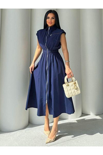 HARMONY GLOBAL Rochie de damă, albastru bleumarin, cu talie elastică, cu fermoar, țesătură popelin, lungime midi 7272