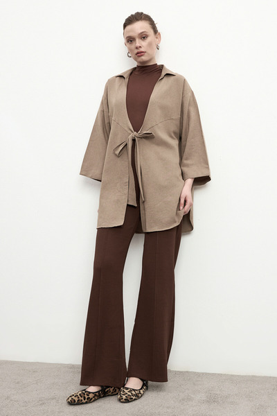 Bipantolon Women's Dark Mink Binding Detailed Flam Linen Kimono