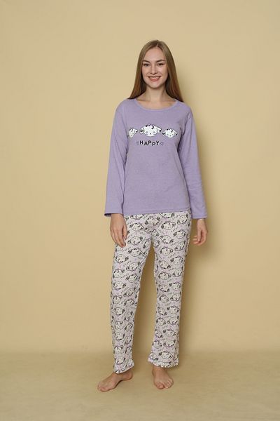 CALİA Women's Combed Cotton Crew Neck Long Sleeve Pajama Set