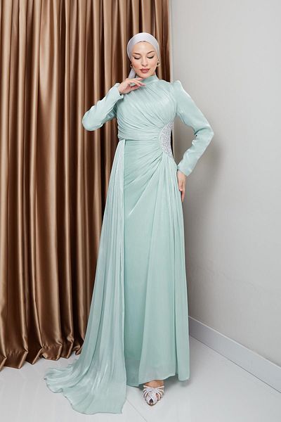 Olcay Yoryo Seiden-Hijab-Abendkleid – MİNT 1233 mit Steinen und Kordelzug-Details
