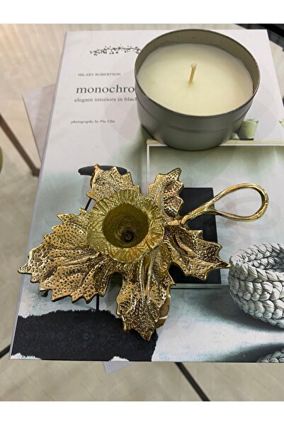 Genel Markalar Sarı pirinç döküm çınar yaprağı desenli şınanay mumluk, şık ve doğal tasarım