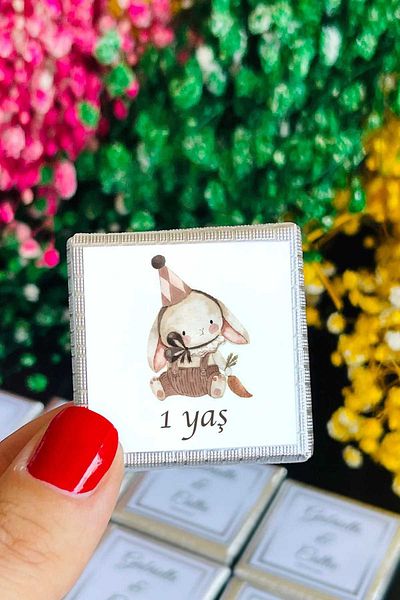 fırsatlar diyarı Soft Rabbit Birthday Madlen Sticker - Glossy Coated Square Cut - 3.5 cm - 100 Pieces