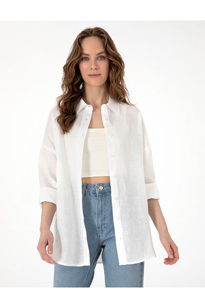 Pierre Cardin White Oversize Long Sleeve 100% Linen Shirt 50301078-Vr013