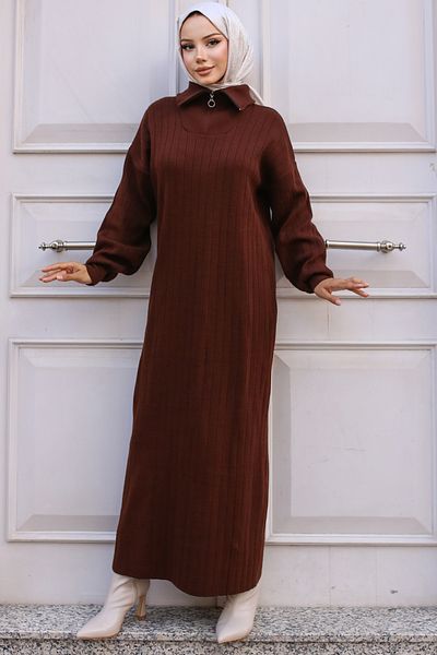 giyze Ribbed Knitwear Dress with Zippered Collar Brown 11032-11