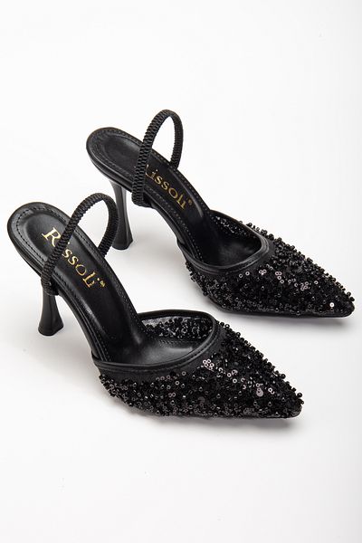 RİSSOLİ Rissoli Rochie de seară confortabilă de zi cu zi, cu mărgele din plasă neagră, pantofi cu toc stiletto
