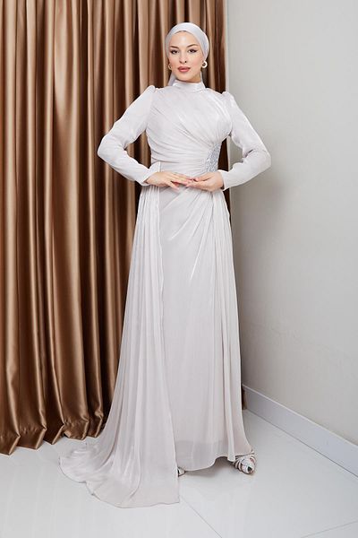 Olcay Silk Hijab Yoryo Abendkleid – Stein- und Kordelzug-Detail STONE 1233