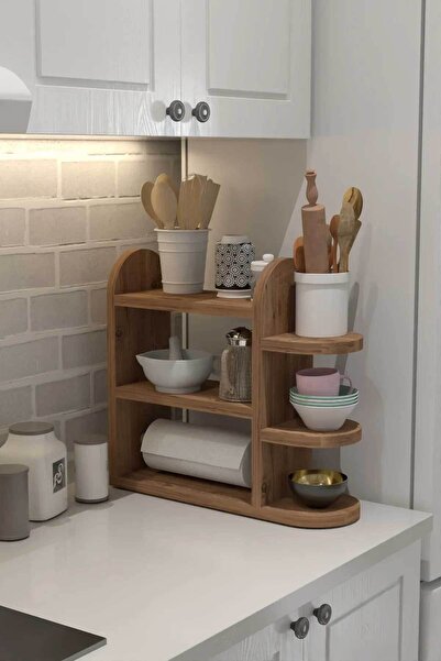 Reyo Ahşap Mutfak Düzenleyici Raf, 3 Katlı, Baharatlık ve Kağıt Havluluk, Çam