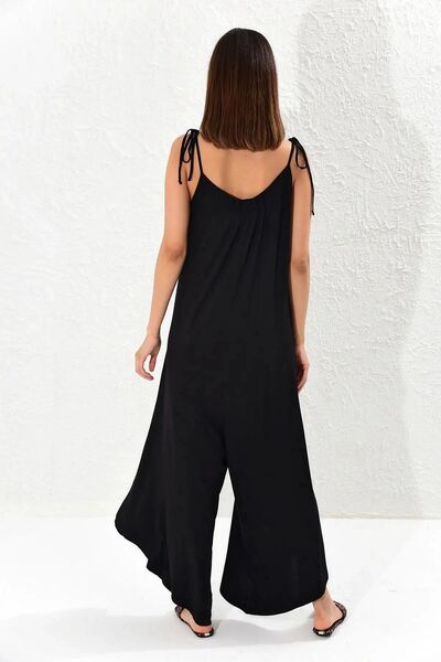 Juuuj Women's Black V-Neck Straps Sleeve Asymmetrical Cut Binding Detailed Oversize Cut Casual Oversize Jumpsuit