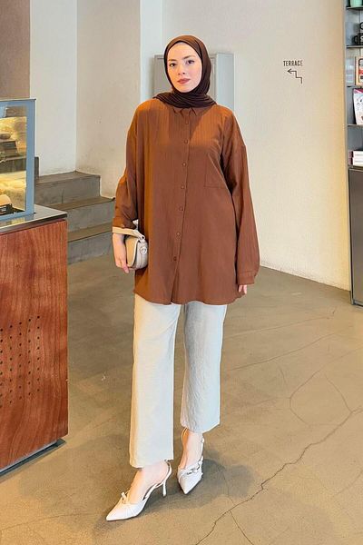 lamelif Πουκάμισο Hijab Seersucker Single Pocket Bitter Brown