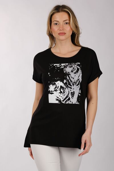 DAIDO Жіноча блуза з низьким коміром, рукавами та паєтками спереду 5832 Чорна