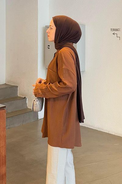lamelif Πουκάμισο Hijab Seersucker Single Pocket Bitter Brown