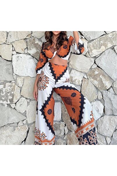 SİMETRİK OTANTİK DESENLİ TATİL BEACH cROP VE PANTOLON KADIN TAKIM