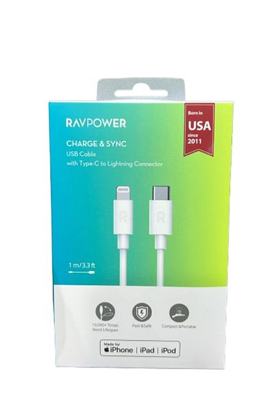 Smart RAVPower 1m Rubber White Lightning Cable – For iPhone