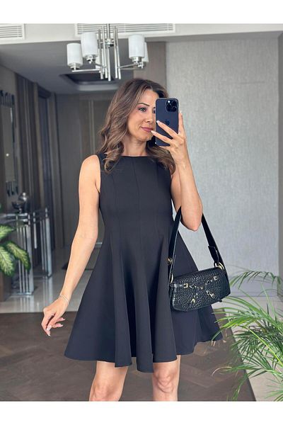 Forlady4 Black Boat Neck Zero Sleeve Pocket Women's Mini Flared Dress