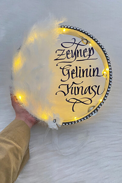 ZEYMERADE Beyaz Ledli Şeffaf Gelin Tefi 32cm Tüylü 3d Çiçek Saten Kurdele Düğ...