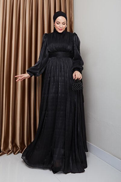 Olcay No 1237 Μαύρη ζώνη και κάπα με λεπτομέρειες Yorgo Silk Hijab βραδινό φόρεμα