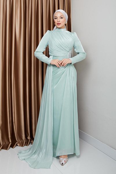 Olcay Yoryo Seiden-Hijab-Abendkleid – MİNT 1233 mit Steinen und Kordelzug-Details