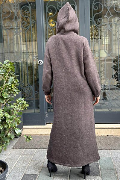 Juuuj Brown Double-Sided Hooded Double Soft Stamp Long Dress with Slit Detail