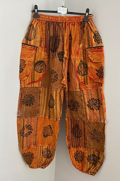 AYASOFYA OTANTIK Unisex Nepalese Orange Ethnic Patterned Cotton Loose Bohemian Baggy Trousers with Elastic Waist and Pockets