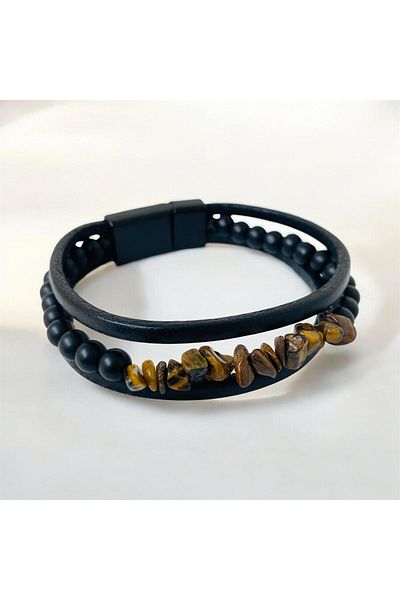 xesha Real Leather 3-Piece Men's Bracelet - Natural Stone with Magnet