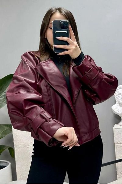 moda armanc Faux Leather Balloon Sleeve Claret Red Biker Jacket