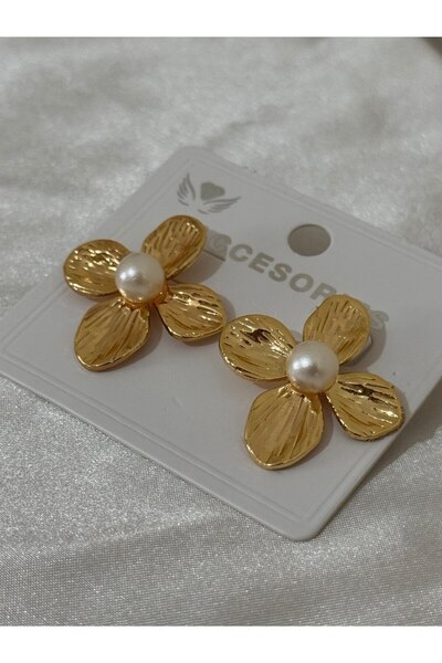 Store Kadın küpe gold inci detaylı altın rengi çiçek küpe