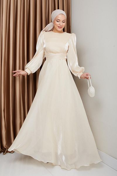 Olcay Yoryo Seiden-Hijab-Abendkleid mit Kreuzgürtel CREAM 1238