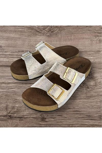 ŞAHGÜL Elegance Women's Silver-Gold Double Buckle Soft Soft Orthopedic Sole Slippers