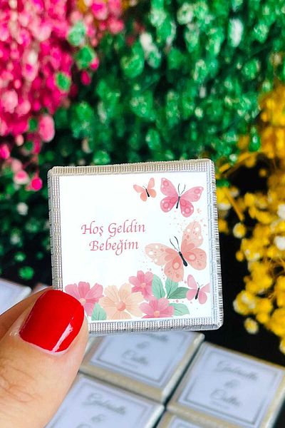 fırsatlar diyarı Butterfly Flower Themed Birthday Madlen Sticker - Shiny Coated Square Cut - 3.5 cm - 100 Pieces