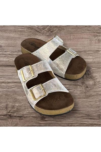 ŞAHGÜL Elegance Women's Silver-Gold Double Buckle Soft Soft Orthopedic Sole Slippers