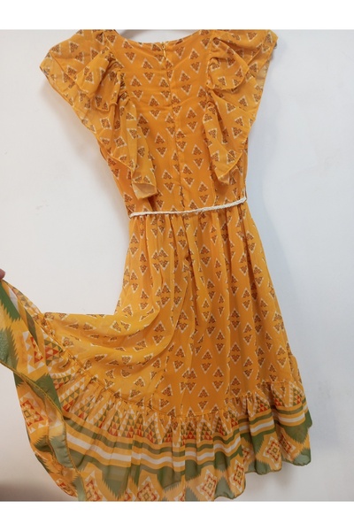 AKŞEN GİYİM KIZ ÇOCUK KOLLAR FIRFIR DETAYLI ASTARLI KEMERLİ DÜŞÜK OMUZ KOL 10-11-12 YAŞ ŞİFON ELBİSE