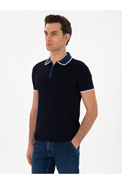 Cacharel Lacivert Slim Fit Fermuarlı Polo Yaka Triko T-shirt 50306425-VR033