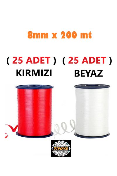 TİFOYS (25 Pieces) 200 Meters Rabant White Raffia, Red Raffia Ribbon Ribbon