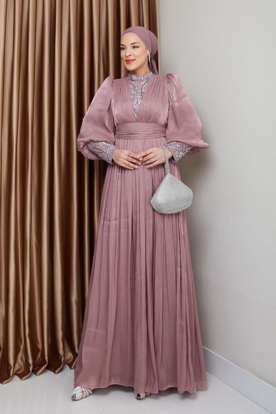 Olcay Rochie de seară cu hijab din mătase Yorgo cu pietre - mâneci și talie evidențiată în față