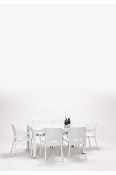 MOBETTO Rattan Large Lüx Camlı Beyaz Masa Takımı Bahçe&balkon 1 Camlı Masa + ...