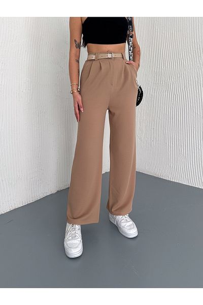 Winmoda34 Women's Double Pleated Flexible Belt Detail Palazzo Fabric Pants