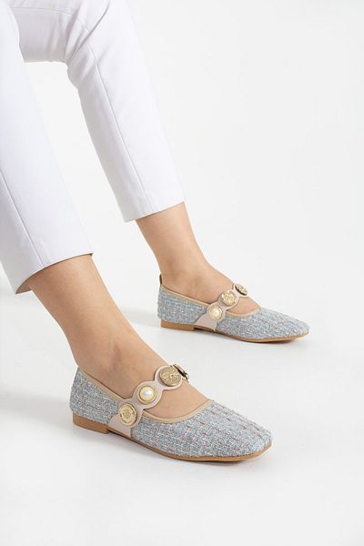Mepa Ayakkabı Tweed Fabric Pearl Detailed Closed Back Low Heeled Mary Jane Daily Lilac Straw Women's Ballerinas