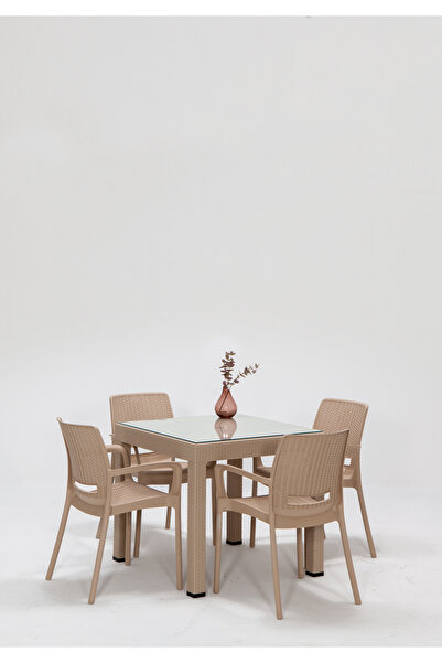 MOBETTO Rattan Lüx Camlı Masa Takımı-Cappucino