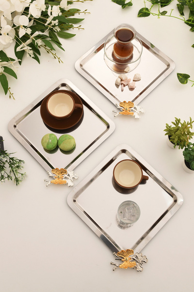 AKSESUAR EVRENİ Nesto Stainless Square Butterfly Detailed Presentation Tray Silver Set of 3